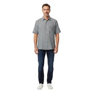 Fabindia Shirt Mens Medium Blue Gray Short Sleeve Linen‎ Coastal Classic